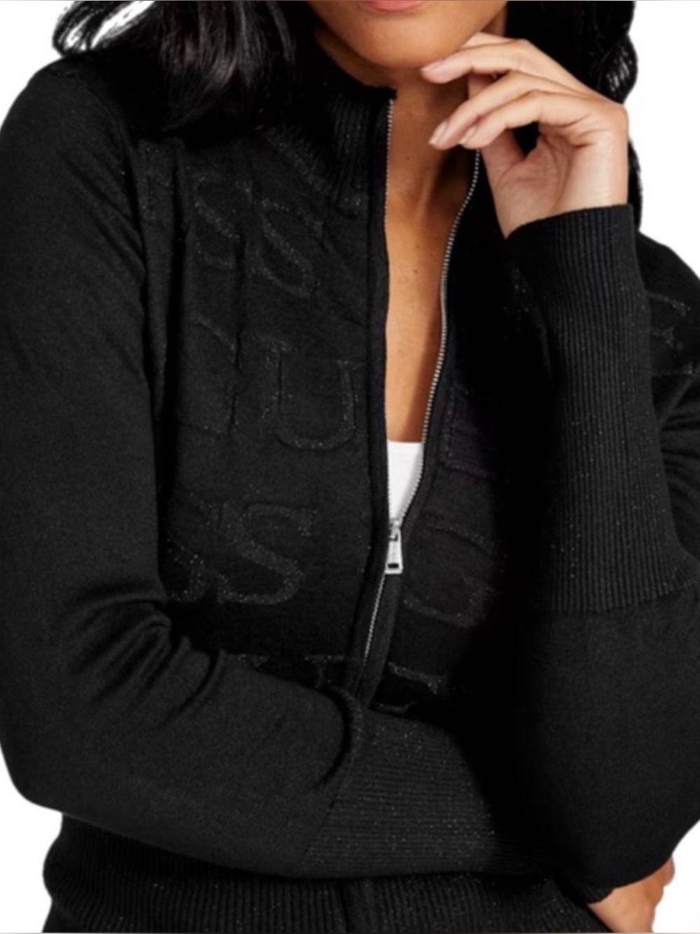 Guess Full Zip Cardigan Sweater Viscose Blend 3D Monogram Black XL